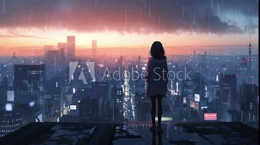 Anime girl standing alone on a rooftop, gazing at the cityscape, creating a reflective and serene moment with a sprawling urban view Seamless looping 4k time-lapse virtual video animation Generated AI