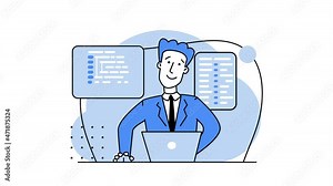 Concept of script coding, programming. A programming language. Programmer working on web development on the laptop. Software developers. 2d cartoon animation. Workplace of the programmer. Looped video