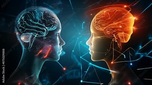 3d animation of two human heads with bright brain activities