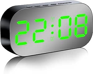 Digital Alarm Clock, 5 Level Dimmable Night Light Digital Clock, Desktop Clock with Loud LED Big Display Battery and USB Powered for Deep Sleepers Kids Elderly Home Office (Black Green Light)