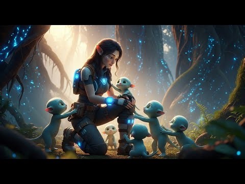 Brave Space Explorer Befriends Adorable Alien Creatures in a Magical Forest – Sci-Fi Fantasy Art"