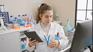 Hispanic woman scientist using tablet in laboratory setting, surrounded by equipment and windows.