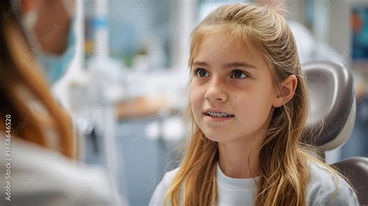 A young girl with braces sits in a dental chair smiling at the dentist. It is a regular check-up where she is receiving advice and support for her dental health