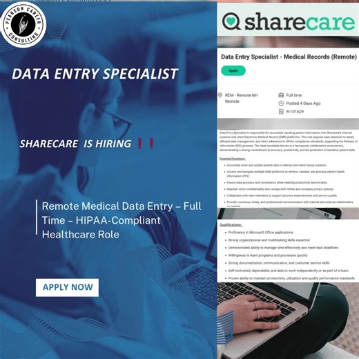 Data Entry Specialist – Medical Records 📌 Sharecare is HIRING ❗❗ 📍 Location: Remote (New Hampshire – U.S. based) 💼 Type: Full-Time 💰 Pay: Competitive (Based on experience) 📩 Apply Here: https://sharecare.wd1.myworkdayjobs.com/en-US/Sharecare_Careers/job/Data-Entry-Specialist---Medical-Records--Remote-_R-101629?fbclid=IwZnRzaAPEwjpleHRuA2FlbQIxMQBzcnRjBmFwcF9pZAo2NjI4NTY4Mzc5AAEeWQcyUR32IpYwVCH5zXHIm8JIdFtQOd373CWHqLqiwPzZXeSwd8-yvZ_mj54_aem_OZJBQC5OOyJwHy2yJuFlBQ Work from home as a Medical