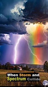 When Storm and Spectrum Collide: A Rare Atmospheric Duel ⚡🌈 Captured in a fleeting moment of natural drama, this image showcases the simultaneous spectacle of cloud-to-ground lightning and a vertically aligned rainbow—an optical and meteorological rarity. This phenomenon occurs when intense sunlight breaks through rain-laden thunderclouds at just the right angle (about 42° from the viewer's line of sight), forming a visible rainbow while an electrical discharge rips through the charged atmosphe