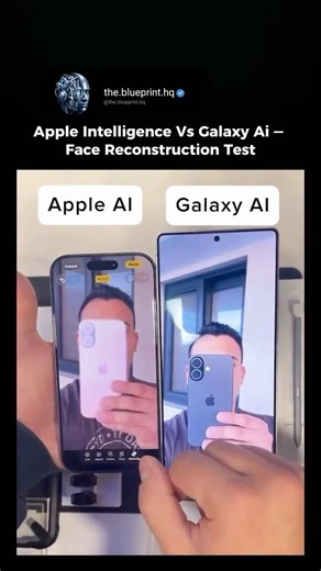 Engineering | AI | Tech on Instagram: "You’re watching a side-by-side test of generative image editing on iPhone and Samsung devices. When a blocked face needs to be filled in, each system takes a noticeably different approach. The AI Comparison: Galaxy AI (This Test): The system appears to interpret facial structure and symmetry, generating eyes and features based on common human anatomy patterns. Apple Intelligence (This Test): Here, the model prioritizes visual continuity, blending the missin