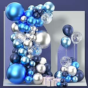 PartyWoo Blue and Silver Balloon Garland, 100 pcs Balloons Different Sizes Pack of 18 Inch 12 Inch 10 Inch 5 Inch Navy Blue Silver Metallic Balloons for Birthday Decorations, Party Decorations