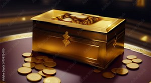 Wooden treasure chest filled with gold coins and currency, symbolizing wealth, abundance, investment, and more