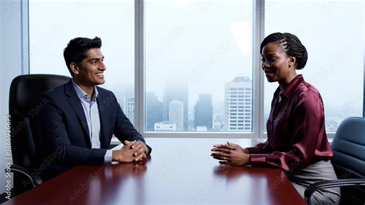 Business Dialogue: Two professionals engage in a focused business conversation within a modern office setting.