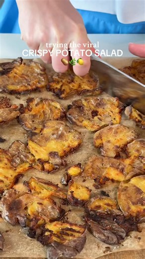 CRISPY POTATO SALAD 🥔🍋🌿 This week I am sharing super EASY, Easter recipes made with healthy, nourishing ingredients! This crispy potato salad is SO delicious and is a great way to switch up plain old potato salad! I promise everyone at your Easter gathering will love this! 🙌 Crispy potatoes: - 1.5 lb bag of baby potatoes - Olive oil spray - Salt & pepper Lemon herb dressing: - 1/2 cup whole milk greek yogurt (or sour cream) - 2 tbsp avocado oil mayo - 2 green onions, diced - 1/4 cup parsley 