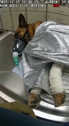The K9 is seen lying motionless on a treatment surface. Veterinary staff move into position around the dog. Hands check vital areas methodically. The K9 does not change position. Medical tools are placed nearby. Monitoring begins without verbal exchange. Staff pause and adjust their stance. The K9 remains still as assessment continues. The camera frames the K9 and surrounding equipment. Tubes and supports are visible. More personnel stand just outside the frame. Evaluation continues without inte