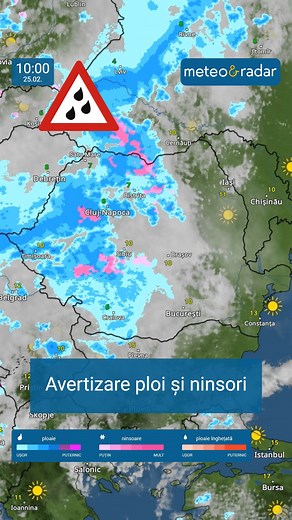 4.2K views · 220 reactions | ⚠ AVERTIZARE METEO de ploi, ninsori și intensificări ale vântului, pentru sâmbătă, 25 februarie. Această hartă radar meteo interactivă, detaliată, poate fi găsită în aplicația noastră meteo gratuită, aici: https://aplicatie.meteoradar.ro/pHdP/ROsoc #meteo #vremea #romania #avertizaremeteo #ploi #ninsori | Meteo & Radar România | Facebook