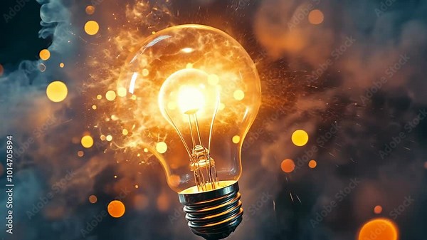 A glowing light bulb explodes with energy, creating a burst of light and smoke