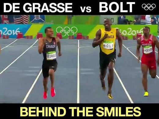 One of the most memorable moments of #Rio2016 😁 #OnThisDay Usain Bolt Team Jamaica Andre De Grasse World Athletics Team Canada / Équipe Canada | Olympics