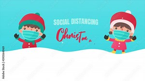 2d animation cartoon boys and girls Put on a sweater and a mask and play in the snow for Christmas.