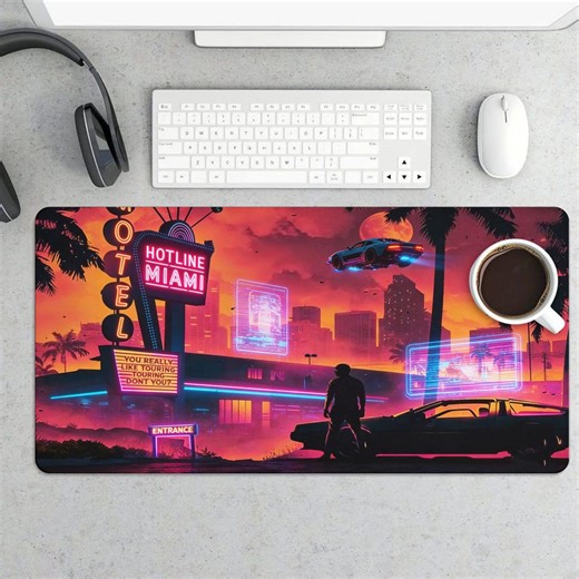 Retro Neon City Mouse Pad - Hotline Miami Style Extended Desk Mat - Etsy
