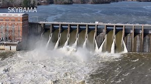After heavy rains overnight, Lay Dam in Clanton, AL is seeing a substantial flow with 8 flood gates open this afternoon. | Alabama Aerial Photography