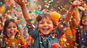 A cheerful little boy has confetti at a birthday party with a group of friends. who were cheering and celebrating with confetti falling down