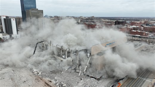 Drone 5 shows roof demolition at old Cox Convention Center in downtown OKC