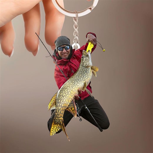Custom Photo Fishing Keychain Personalized Picture Keyring, Fisherman Gift, Father's Day Photo Gift, Memorial Gift for Him, Fishing Lover