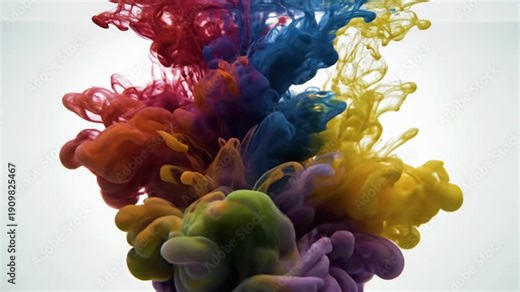 Colorful ink drops mix in clear water creating bright patterns during a creative art experiment