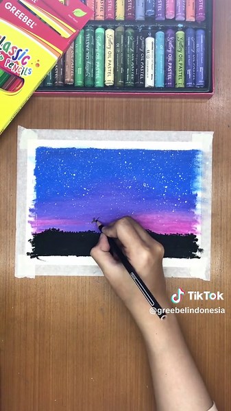 Langit Malam Gradasi Warna dengan Crayon dan Acrylic