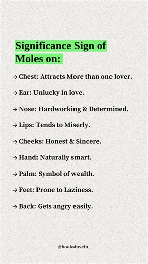 Read, Learn, Apply, Improve on Instagram: "Every mark tells a story ✨ Across cultures and traditions, moles have been seen as tiny symbols carrying deeper meanings about personality, emotions, and life paths. Whether you believe in it or just find it fascinating, it’s interesting how such small details spark big curiosity 🤍 Do you have a mole mentioned here? Did it match your nature, or surprise you? 👀 💬 Comment below and share your thoughts ➕ Follow for more intriguing psychology, symbolism 