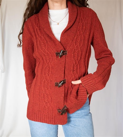 90s Red Cable Knit Cardigan - S - Etsy