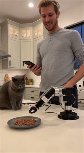 Robot Arm Feeding Fail Caught on iPhone 😳🐱 #funny