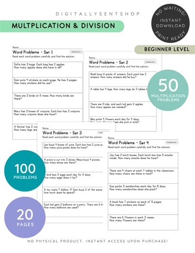 100 Problems | Easy Multiplication & Division Word Problems | Grade 1-2 | PDF