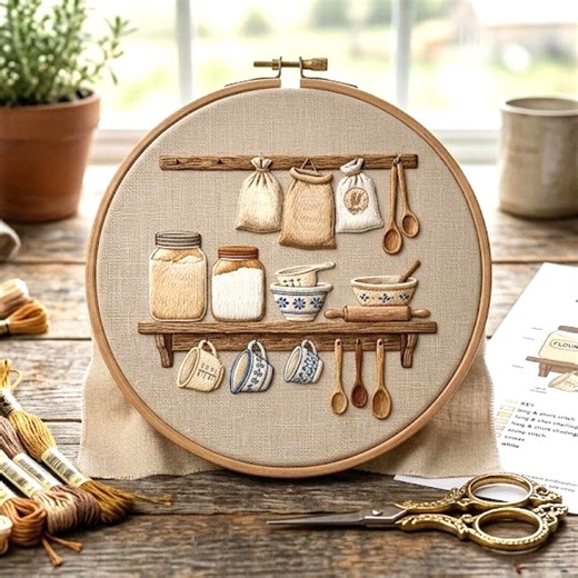Vintage Kitchen Shelf Embroidery Pattern, Rustic Baking Hoop Art (PDF Download) - Etsy
