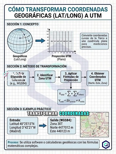 🧭📐 Cómo transformar coordenadas geográficas (Lat/Long) a UTM La conversión de coordenadas geográficas (latitud y longitud) a UTM (Universal Transverse Mercator) permite representar la superficie curva de la Tierra en un sistema plano, facilitando mediciones precisas en proyectos de ingeniería, topografía y geodesia 🌍➡️📊 🔹 Concepto: El sistema UTM divide la Tierra en 60 zonas, cada una de 6° de longitud, proyectando la superficie sobre un plano para obtener coordenadas en metros, lo que mejo