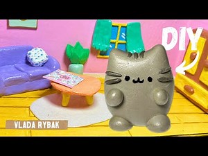 HOW TO MAKE Pusheen & Cozy Cat Living Room | Cardboard + Easy Air Clay DIY