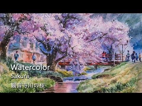 Cherry blossom landscape watercolor painting (sakura)｜Remember to turn on CC subtitles