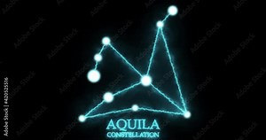 Aquila constellation. Light rays, laser light shining blue color. Stars in the night sky. Cluster of stars and galaxies. Horizontal composition, 4k video quality