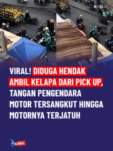 Sebuah video yang memperlihatkan insiden tak biasa di jalan raya viral di media sosial. Dalam rekaman tersebut, seorang pengendara motor terlihat berada di samping sebuah mobil pick up yang mengangkut muatan kelapa. Berdasarkan video yang beredar, pengendara tersebut diduga berusaha mengambil salah satu kelapa yang berada di bak pick up. Namun saat kendaraan masih melaju, tangannya diduga tersangkut pada muatan tersebut sehingga membuatnya kehilangan keseimbangan. Akibat kejadian itu, sepeda mot