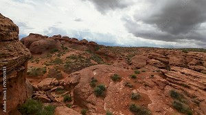 Aerial red rock canyon St George Utah POV. Southwestern desert Pioneer Park, Geological landscape erosion. Hiking and nature travel. exploring in canyons, crevasse, pinnacles. FPV.