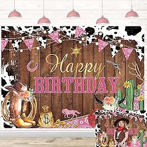 Cowgirl Backdrop for Birthday Party Western Cowgirl Happy Birthday Banner | 8x6ft Rustic West Rodeo Boot Cowgirl Birthday Photography Background Western Party Decorations Supplies Banner
