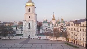 Bogdan Khmelnitsky monument on Saint Sophia Cathedral Sunrise Kyiv Ukraine. Ukrainian Cathedral, Church. Cathedral and Kyiv City Morning View