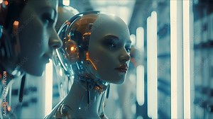 Beautiful cyborg girl on a technological background. Futuristic robot woman. Technology, robotics, artificial intelligence and future concept.