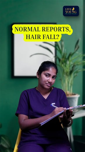 The Live Young Clinic on Instagram: "😣✨ Hair Fall Even When Blood Reports Are “Normal”? “You did the tests. Everything came back normal. So why is your hair still falling?” 🩺 Because blood reports don’t tell the full story. Hair fall can continue due to: ✔ Scalp inflammation or sensitivity ✔ Poor blood circulation to hair roots ✔ Stress-related shedding (telogen effluvium) ✔ Hormonal fluctuations within normal range ✔ Weak hair growth cycle or damaged follicles 💛 Hair fall isn’t always about