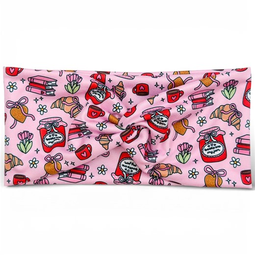 Valentine Cozy Coffee Headband | Pink Jam, Books & Croissant Hair Accessory | Soft Stretch Twist Headband | Gift for Her - Etsy