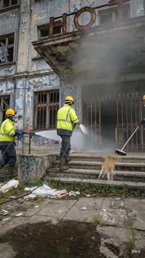 Dirty Abandoned Hotel Restoration 😱 Workers Power Wash Years of Dirt!#shorts