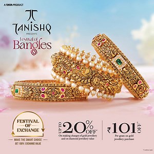 Tanishq welcomes you to an exclusive Festival of Bangles! Explore Tanishq's timeless elegance and craftsmanship in bangles. Get ₹101 off* per gram on gold jewellery. Also, enjoy up to 20% off* on making charges of gold jewellery and on diamond jewellery value, and 100% exchange value* for old gold bought from any jeweller. Visit your nearest Tanishq store today !! *T&C apply | Tanishq
