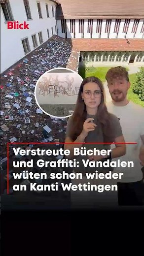Vandalism at Kantonsschule Wettingen: Books scattered on roof and graffiti damage