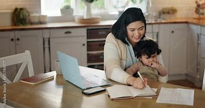 Working mother, laptop and writing with baby at table with smile in home for remote work deadline or multitask worker. Mom, child and life balance with notebook, productivity and business owner Stock Video