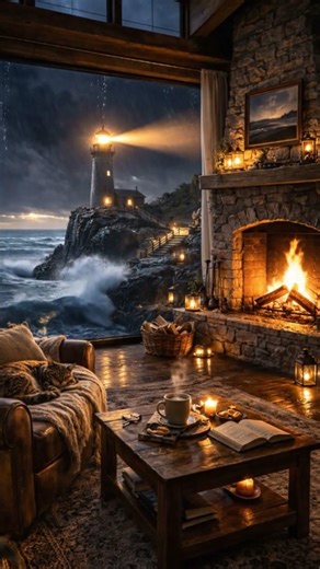 POV: You're inside a lighthouse during a storm 🌊Fireplace, Ocean Waves, Rain | Cello Piano #relaxing