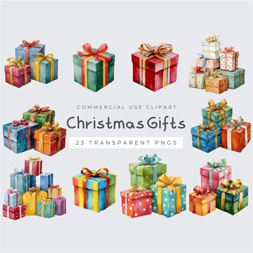 Christmas Gifts Box Clipart, Watercolor Holiday Presents PNG, Digital Download for Scrapbooking & Crafts - Etsy