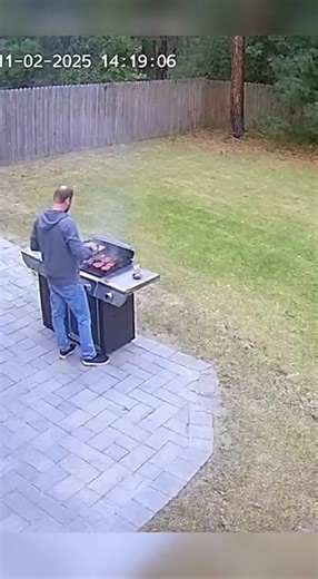 A man peacefully grilling in his backyard gets the surprise of his life when a wild bear casually strolls up to his BBQ. Without hesitation, the bear grabs the entire grill lid and walks away like it's no big deal, leaving the stunned homeowner completely speechless. | Caughtoncamai