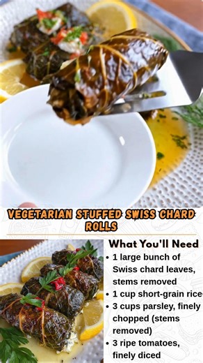 Vegetarian Stuffed Swiss Chard Rolls *Some recipes capture the essence of garden-fresh goodness, and these vegetarian stuffed Swiss chard rolls do just that. With herbs, rice, and tomatoes all wrapped in tender chard leaves, this dish is light, fragrant, and wholesome. It has that old-world, Mediterranean charm—nourishing for the body, comforting for the spirit, and perfect for any table from casual to elegant.* What You'll Need 1 large bunch Swiss chard leaves, stems removed 1 cup short-grain r
